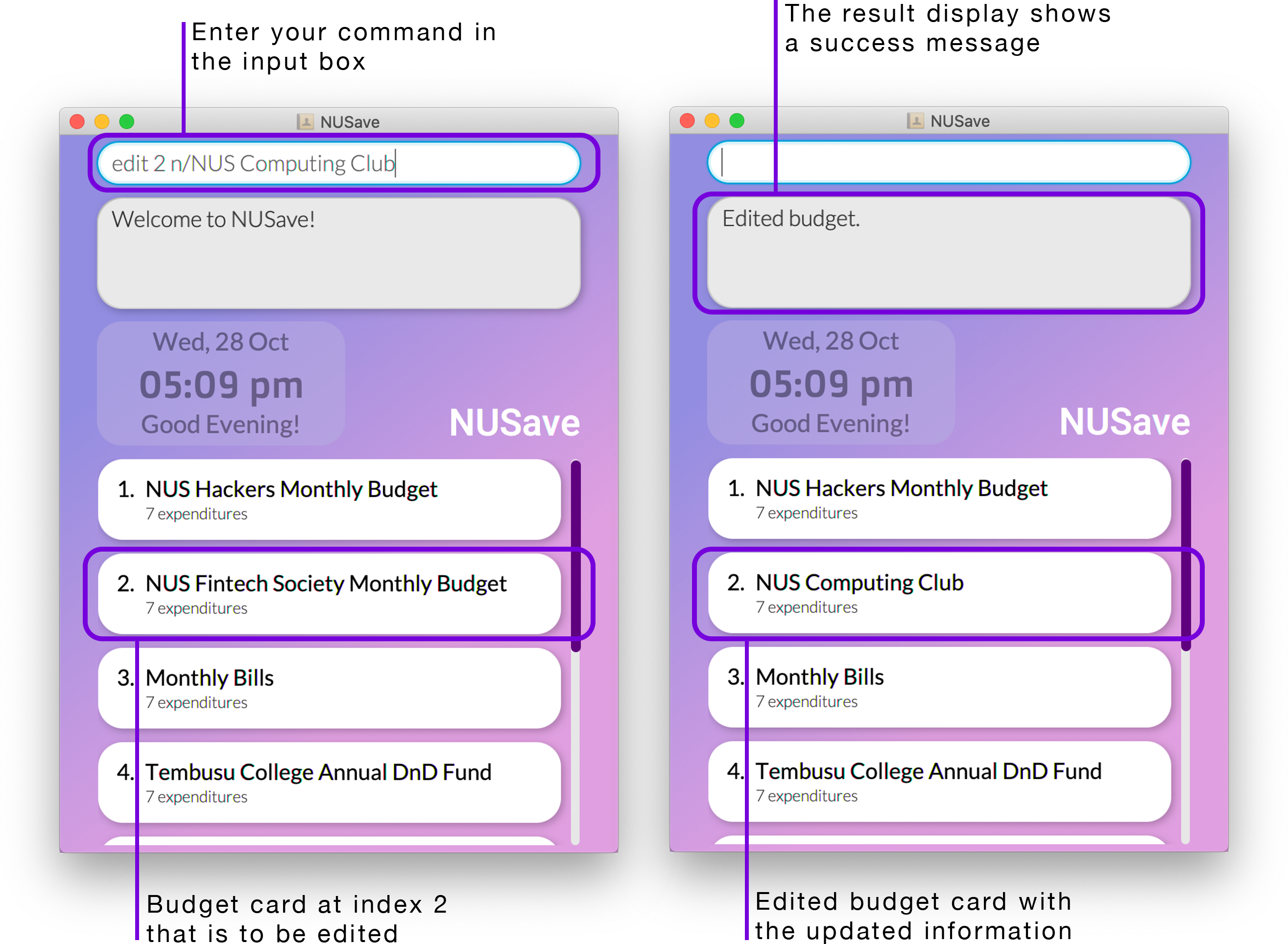 Example of edit budget command