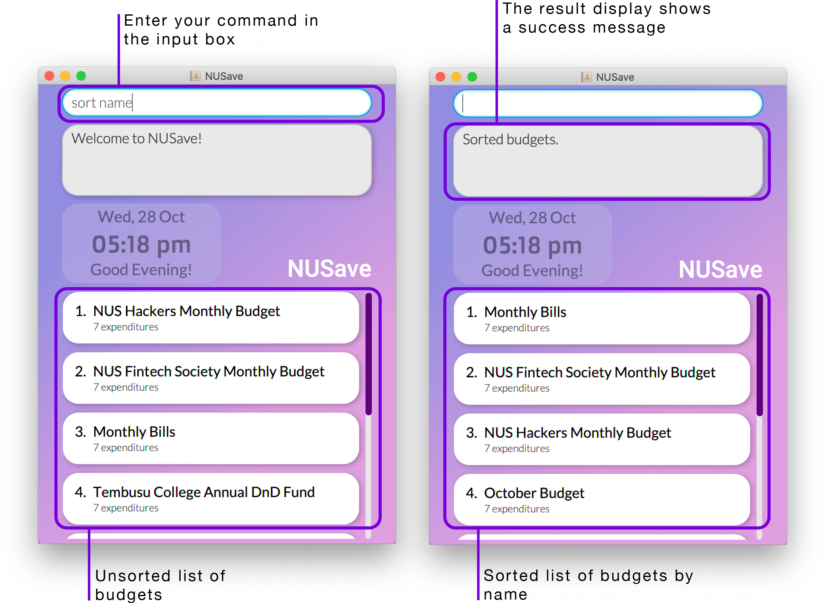 Example of sort budgets command